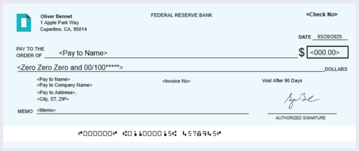 Blank Sample Check from Federal Reserve Bank with Placeholder Text for Payee, Amount, Date, Signature, and Memo Fields