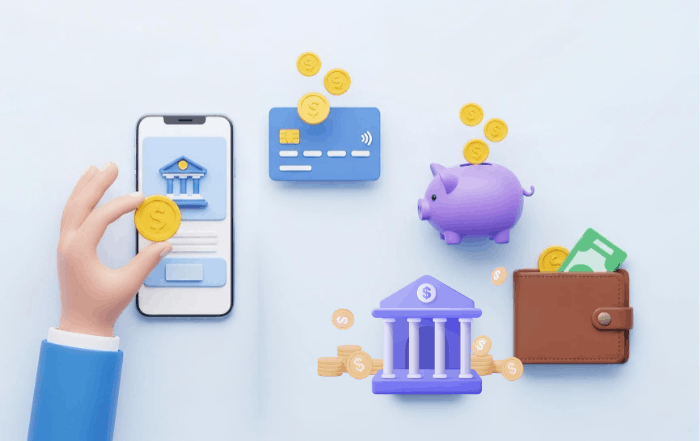 Hand Holding Coin near Phone with Banking App, Credit Card, Piggy Bank, Wallet, and Bank Icons Representing Digital Finance