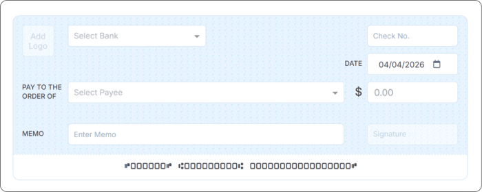 Blank Digital Check Template with Fields for Bank Selection, Payee, Date, Amount, Memo, and Signature on a Light Blue Background