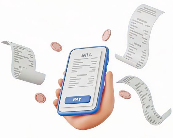 Hand Holding Smartphone Displaying a Bill with a "PAY" Button, Surrounded by Floating Receipts and Coins
