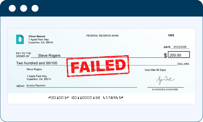 Check Issued to Steve Rogers for $200 Dated 03/23/2026, Marked with a Bold Red "FAILED" Stamp