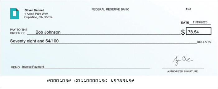 Check from Oliver Bennet to Bob Johnson for $78.54 Dated 11/19/2025, Memo Invoice Payment, Signed and Issued by Federal Reserve Bank