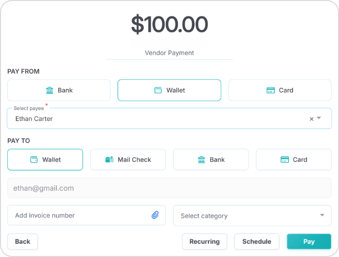 Payment Interface Showing $100 Vendor Payment from Wallet to Wallet for Payee Ethan Carter with Email and Invoice Fields
