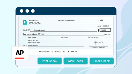 Digital Interface Showing a Completed Check Payable to Steve Rogers for $200 from Oliver Bennet, with Options to Print, Mail, or Email the Check