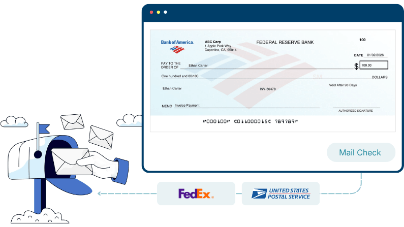 Illustration Showing a Hand Mailing a Check from a Mailbox, with Delivery Options FedEx and USPS Highlighted