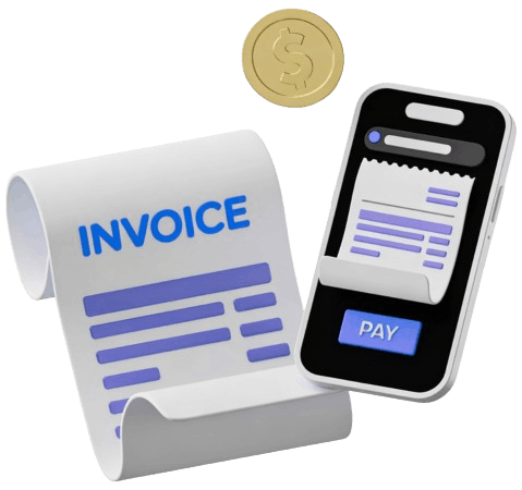 Illustration of a Paper Invoice, a Smartphone Displaying a Digital Invoice with a "PAY" Button, and a Gold Coin Symbolizing Payment