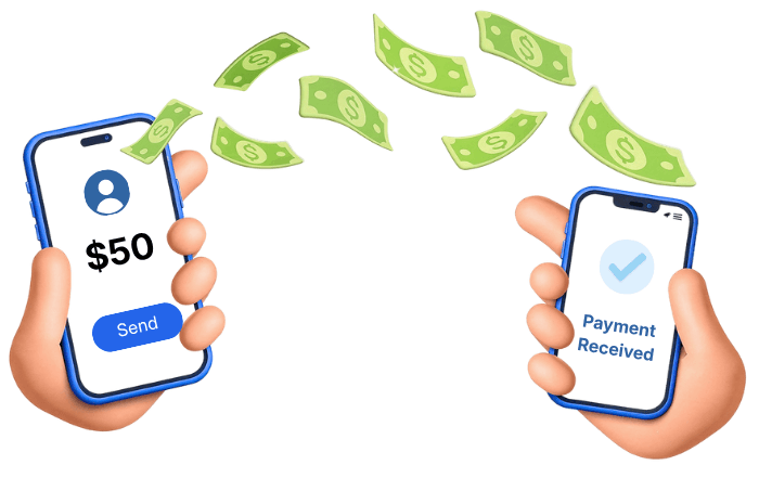 Hands Holding Smartphones Showing a $50 Payment Sent and Received, with Dollar Bills Flying Between the Devices