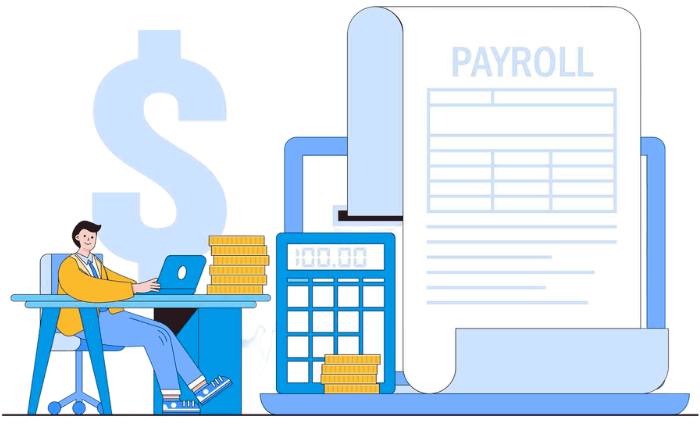 How Payroll Services Work Illustration of a Person Working on Payroll Calculations with a Laptop, Calculator, Coins, and a Large Payroll Document on Screen