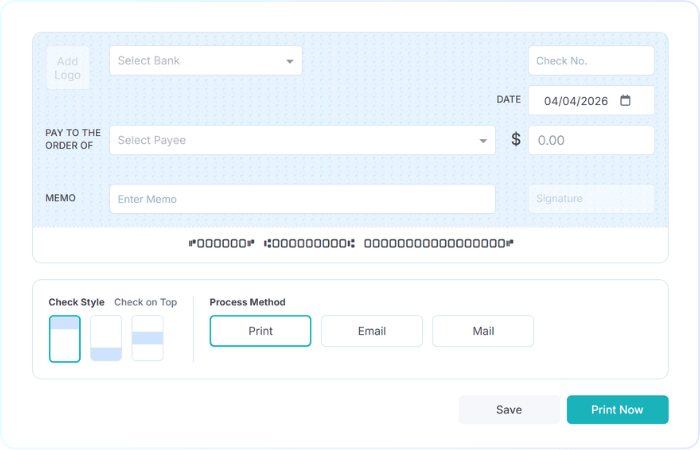 How Print Checks Software Works Digital Check Form Interface to Select Bank, Enter Payee, Amount, Date, Memo, and Choose Print, Email, or Mail Delivery Options