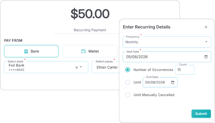 Payment Interface Showing a $50 Recurring Monthly Payment from Fed Bank to Ethan Carter with 15 Occurrences Starting May 8, 2026