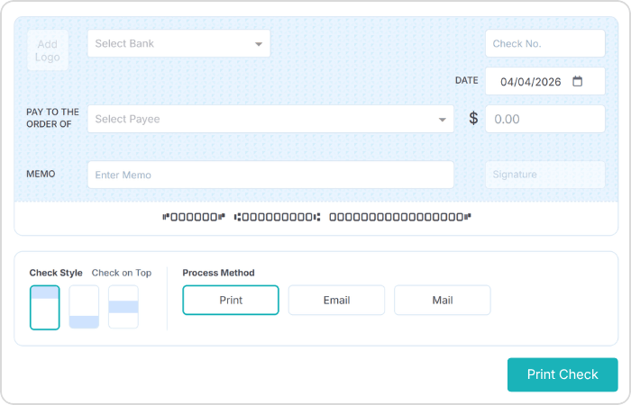 Digital Check Form Interface with Fields for Bank, Payee, Date, Amount, Memo, and Options to Print, Email, or Mail the Check