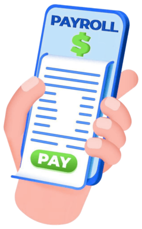 Payroll Services vs Manual Payroll Management Hand Holding a Smartphone Displaying a Payroll Receipt with a Green Dollar Sign and a "PAY" Button