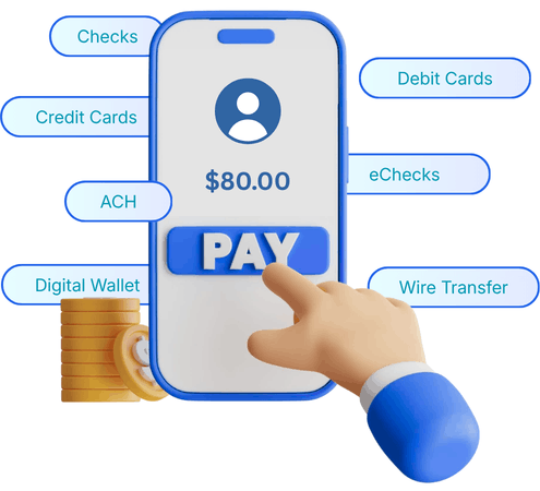 Hand Pressing "PAY" Button on Smartphone Showing $80.00, Surrounded by Payment Options Like Credit Cards, Digital Wallet, ACH, and Wire Transfer