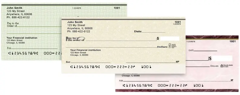 Three Blank Personal Checks with Sample Information, Including Name, Address, Phone, and Financial Institution Details