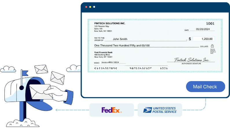Illustration Showing a Hand Mailing a Check from Fintech Solutions Inc. Via FedEx or USPS Through a Mailbox