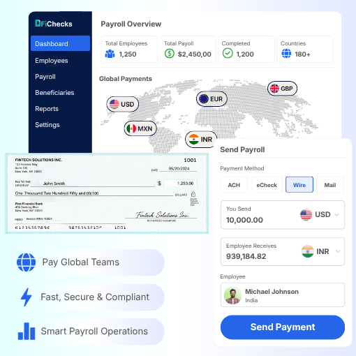 Dashboard of a Payroll System Showing Global Payments, Employee Payment Details, and Options for Sending Payments in Various Currencies