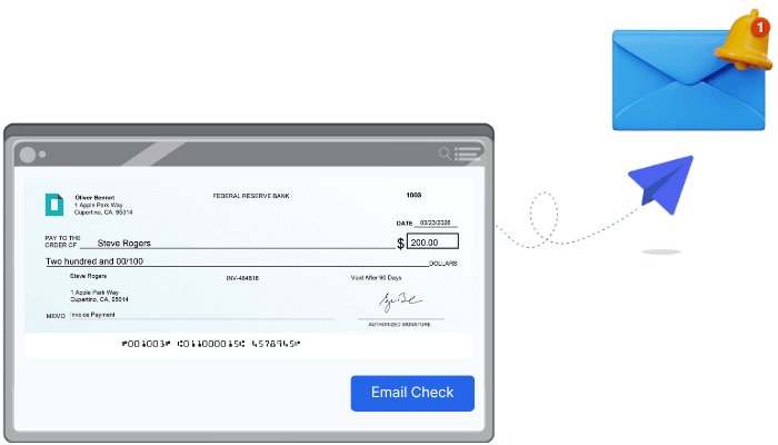 Digital Check for $200 Payable to Steve Rogers Displayed on a Screen with Email Notification and Paper Plane Icons