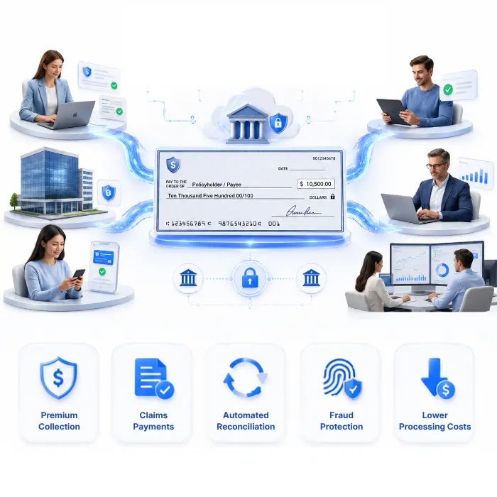 Illustration of a Digital Insurance Payment System Showing Secure Premium Collection, Claims, Fraud Protection, and Real-Time Transaction Monitoring