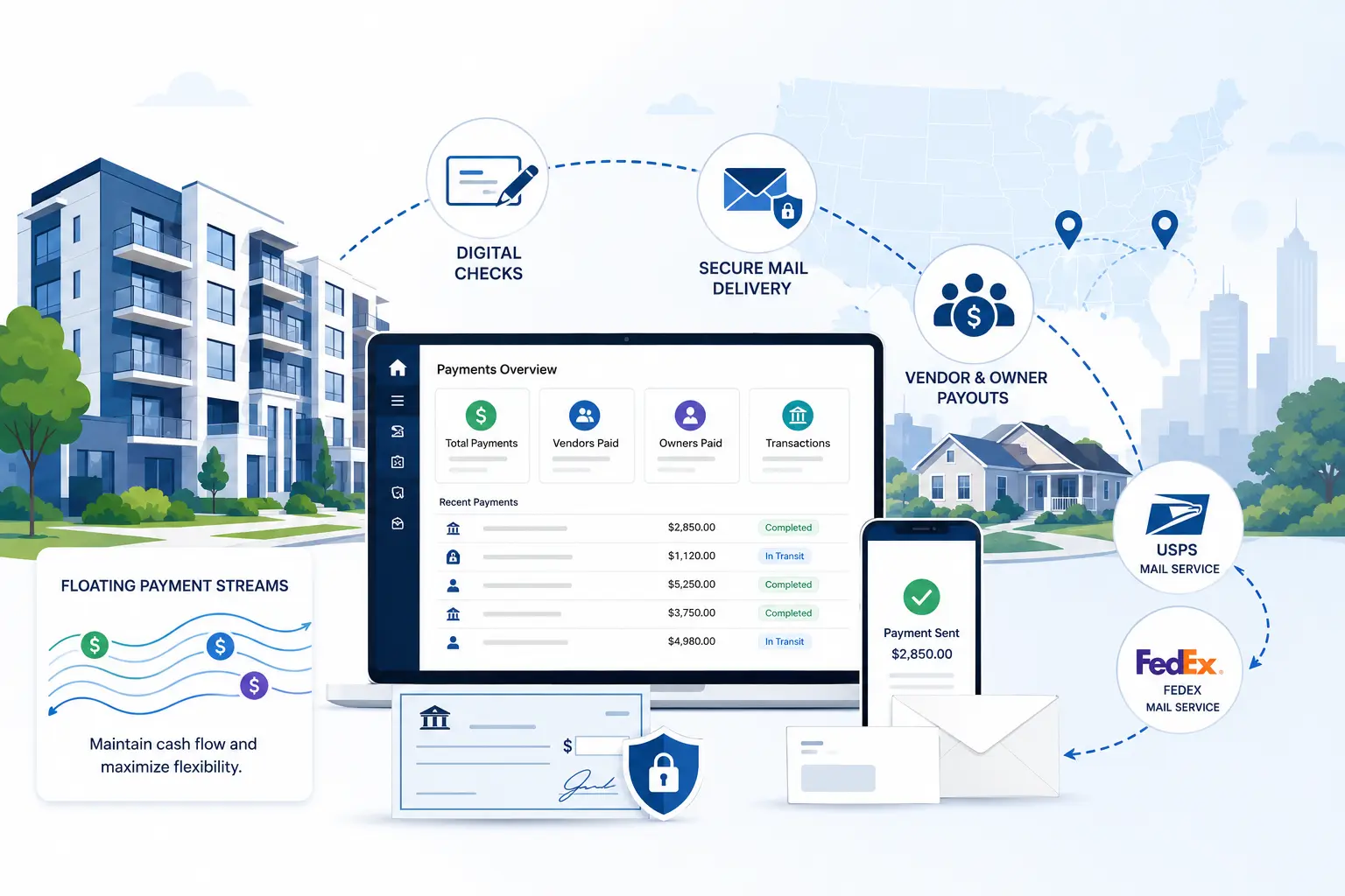 Modern Office Building Surrounded by Icons Representing Digital Checks, Secure Mail, Payment Streams, Vendor Payouts, and USPS/FedEx Mail Services