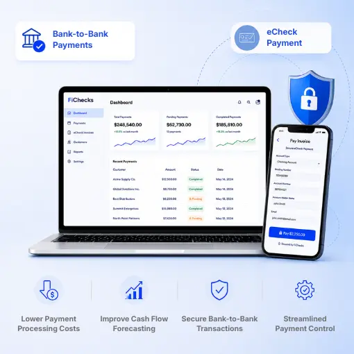 Dashboard Showing Bank-To-Bank and eCheck Payments with Payment Status, Amounts, and Security Features on Laptop and Mobile Device