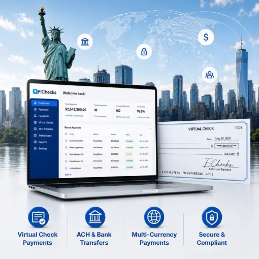 A Laptop Displaying Financial Software Sits in Front of a Check, with the Statue of Liberty and City Skyline in the Background; Icons Highlight Virtual Payments, Transfers, and Security Features