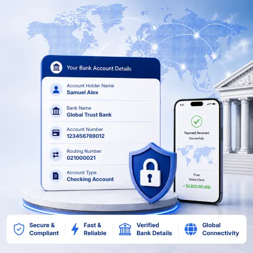 A Digital Display Showing Global Trust Bank Account Details, a Smartphone with a Payment Received Notification, and a Security Shield on a Platform
