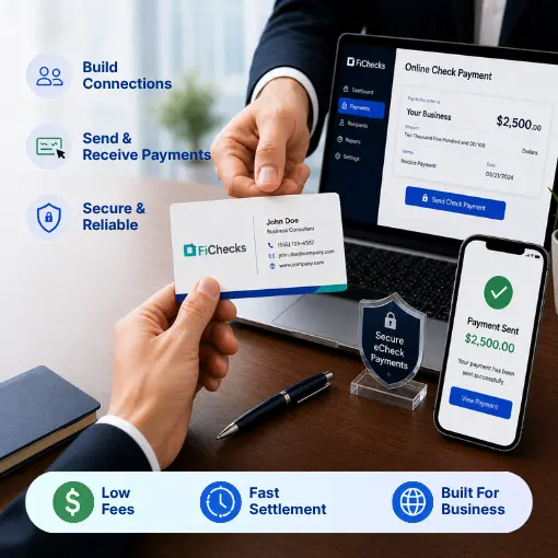 A Businessperson Exchanges a Business Card with an Associate, Showcasing a Laptop Screen Displaying a $2,500 Payment. Icons Highlight Benefits: Building Connections, Sending and Receiving Payments, Security, Low Fees, Fast Settlement, and Business Suitability