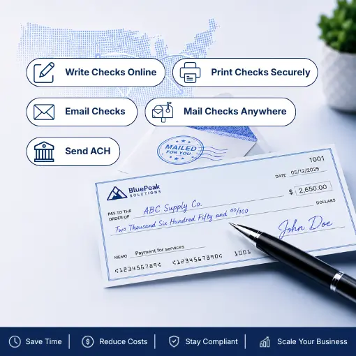 Business Check Automation Platform A Digital Image Illustrates Financial Services with Icons for Writing, Printing, Emailing, and Mailing Checks, Plus ACH. Includes a Check and Pen