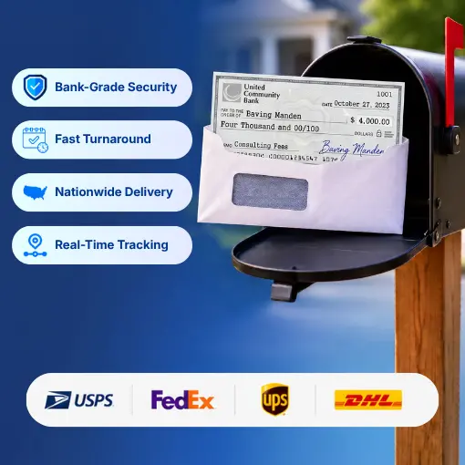 Image of a Mailbox with a $4,000 Check Highlighting Secure, Fast Delivery with USPS, FedEx, UPS, and DHL Services