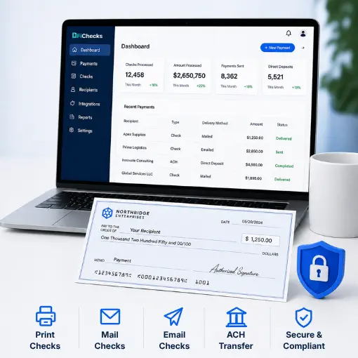 A Laptop Displays a FiChecks Dashboard with Payment Data, Next to a Printed Check, a Mug, and Icons Representing Print, Mail, Email, and ACH Services