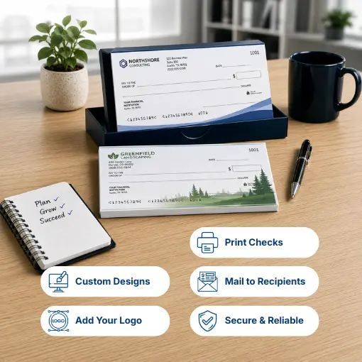 Custom Checks - Personalized Business Checks A Desk with Checks, a Notebook, Pen, Coffee Mug, and Plant. Icons Highlight Features: Print Checks, Mail to Recipients, Secure, Add Logo, Custom Designs