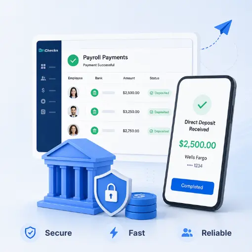 A Digital Dashboard Showing Successful Payroll Payments, a Smartphone Displaying a Direct Deposit Notification, a 3D Bank Icon, and a Security Shield