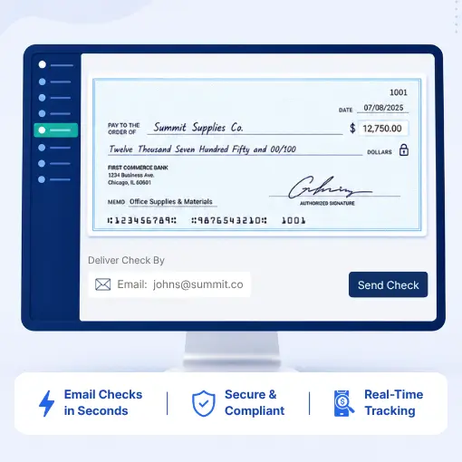 Digital Interface Displaying a Check for $12,750 to Summit Supplies Co. Features Include Email Delivery, Security, and Tracking Icons Below
