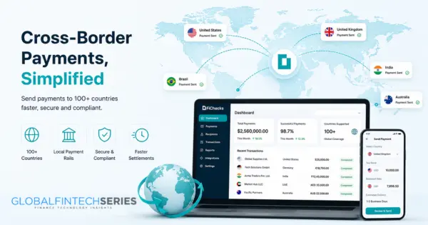 Infographic Promoting a Fintech Service for Cross-Border Payments. Features a Map with Highlighted Countries and a Dashboard on Laptop and Smartphone