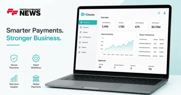A Laptop Screen Displaying the Fichecks Payment Dashboard with Transaction Data, a Growth Chart, and Icons for Secure Payments and Smart Workflows