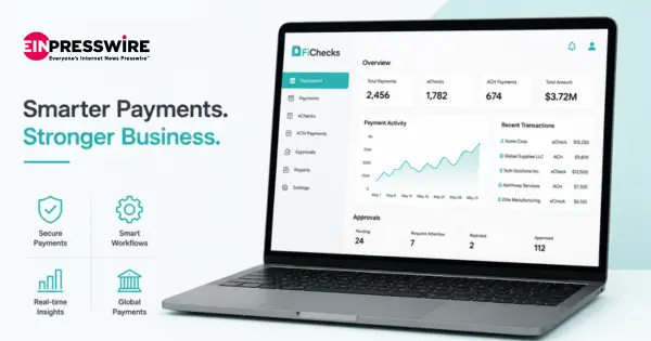 A Laptop Displays a Payment Platform Dashboard with Graphs and Data. Text on the Left Reads, "Smarter Payments. Stronger Business." Icons Below Show Secure Payments, Smart Workflows, Real-Time Insights, and Global Payments