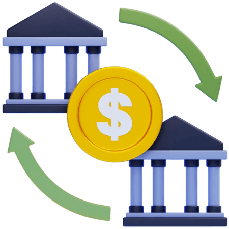 Two Bank Buildings with a Dollar Coin and Arrows Indicating Financial Transactions or Exchanges
