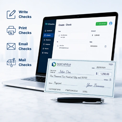 How to Write a Check Laptop Screen Showing Check Writing Software Next to a Printed Business Check, Pen, and Icons for Writing, Printing, Emailing, and Mailing Checks