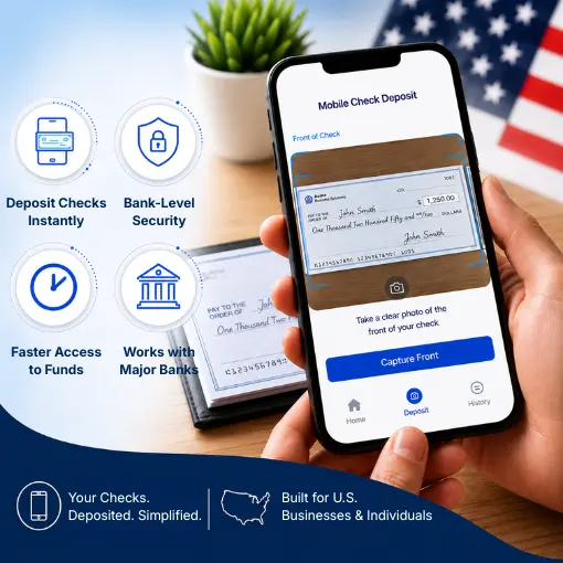 A Smartphone App Interface for Mobile Check Deposits, Showing a Check Being Scanned, with Icons for Security, Speed, and U.S. Banking Compatibility