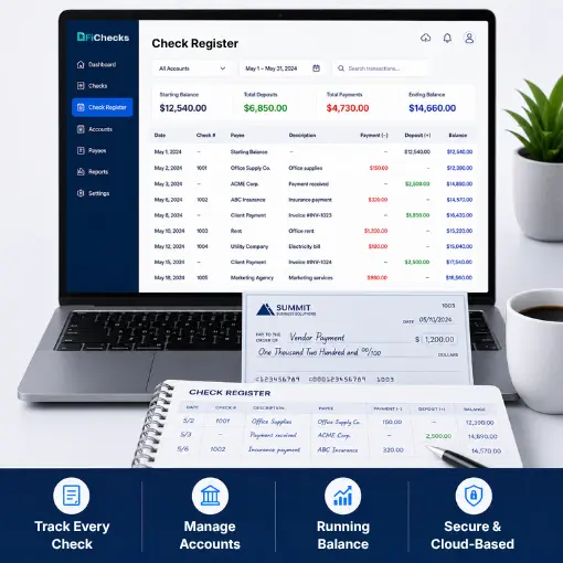 Laptop Displaying a Digital Check Register with Income and Expenses; Paper Checks and Printed Register Below; Icons Highlight Tracking, Managing, Balance, and Cloud Security