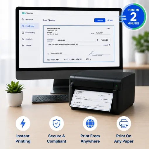 Computer Screen Shows a Digital Check Being Printed by a Printer with Icons for Instant Printing, Security, Remote Access, and Paper Compatibility