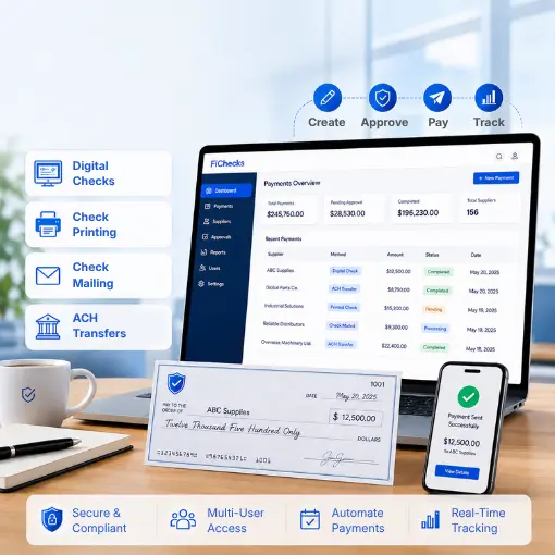 Digital Payment Software Dashboard Displaying Payments Overview, Check Printing, Mailing, ACH Transfers, and Real-Time Tracking on Laptop, Phone, and Check