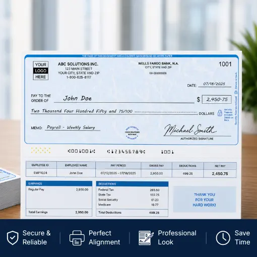 Pay Your Team with Top Format Payroll Checks A Payroll Check Dated 07/18/2025 for John Doe from ABC Solutions Inc., Amounting to $2,450.75, with Earnings and Deductions Detailed Below