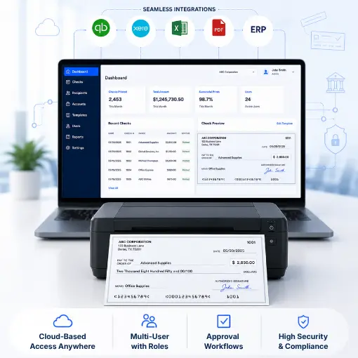 Print Checks Online Laptop Displaying Accounting Software Dashboard Connected to a Printer Printing a Check, Illustrating Seamless Integrations and Secure Cloud-Based Access