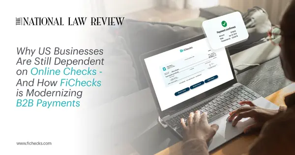A Person Using a Laptop to Process Digital Checks Via FiChecks, with a Payment Confirmation Notification Displayed on the Screen for B2B Transactions