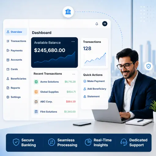Man Using Laptop with a Digital Banking Dashboard Showing Balance, Transactions, and Quick Action Options on Screen