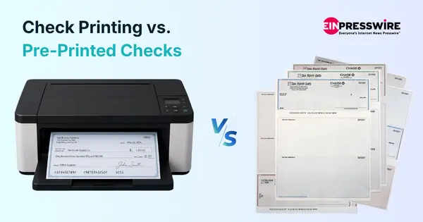 Printer Printing a Check on the Left Versus a Stack of Pre-Printed Blank Checks on the Right, Comparing Check Printing Methods