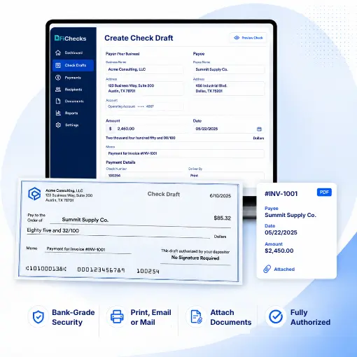 A Digital Interface for Creating Check Drafts, Featuring a Form, a Preview of a Check Draft, a Document Attachment Card, and Four Key Feature Icons Below