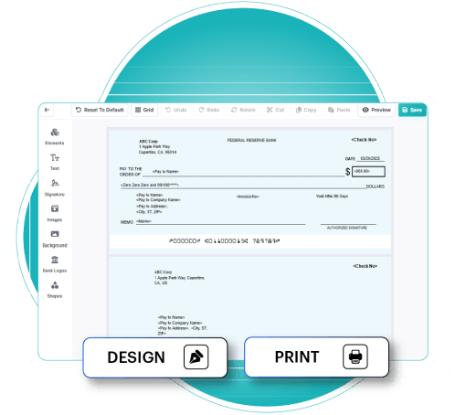 Design Your Own Checks, Then Print Them Anywhere A Digital Interface for Editing Bank Checks, Featuring a Toolbar on the Left and Two Buttons Below Labeled Design and Print with Corresponding Icons