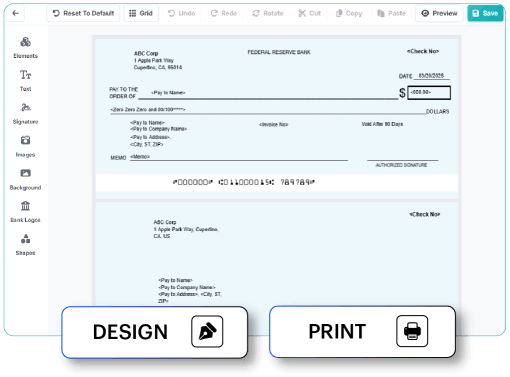 Screenshot of a Digital Check Template from ABC Corp, Showing Editable Fields for Payee, Date, Amount, Memo, and Signature Options with Design and Print Buttons